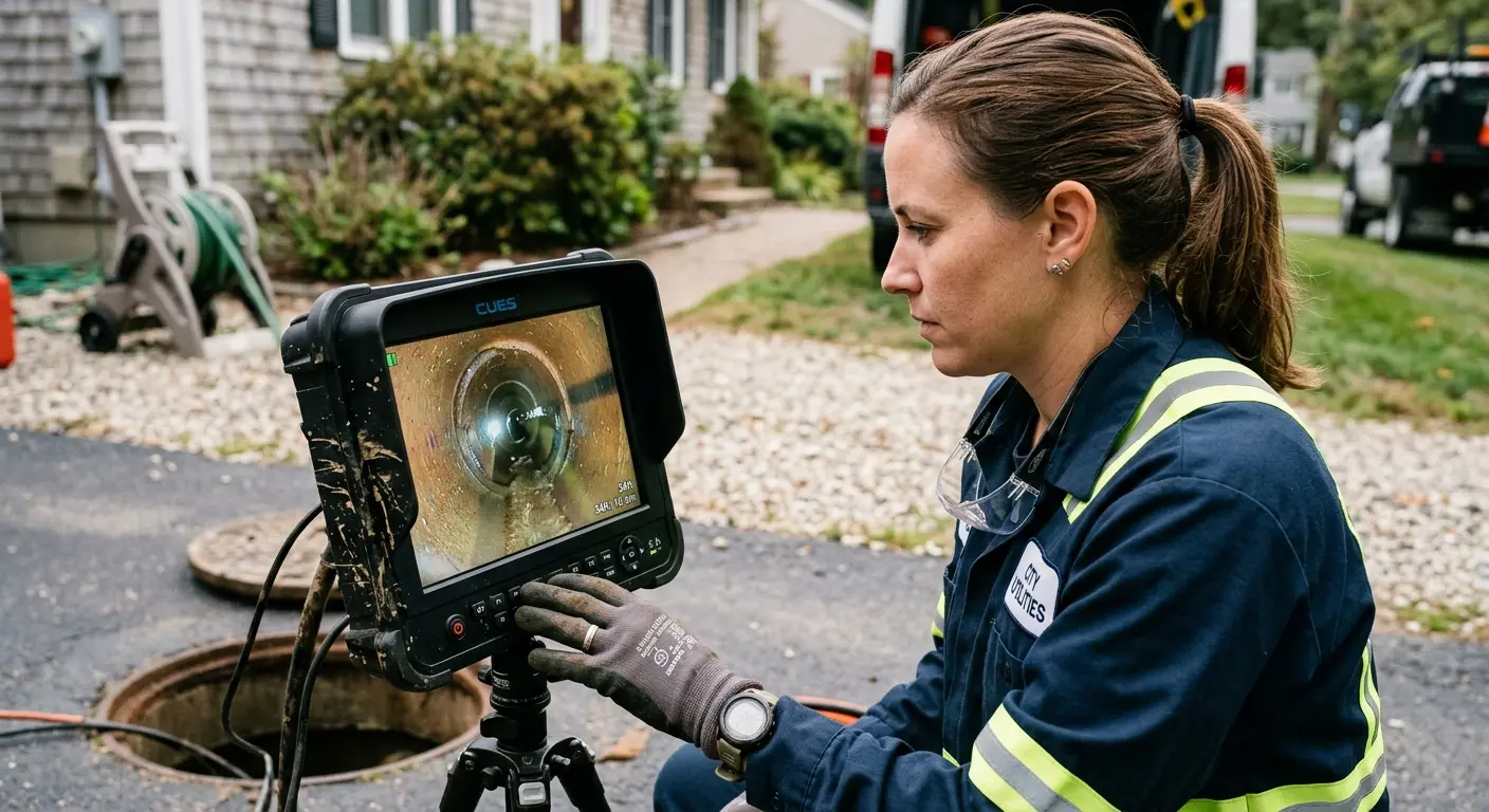 Technician reviewing sewer camera inspection footage in Reedley