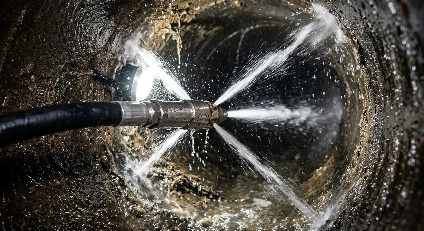 High-pressure hydro jetting nozzle cleaning sewer pipe for Storm Drain Cleaning in Reedley