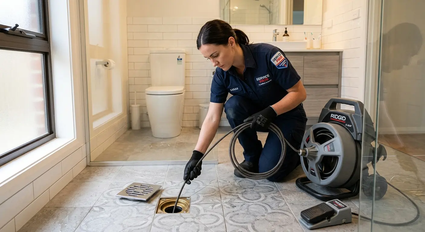 Technician clearing a bathroom floor drain for Sewer Line Replacement in Reedley